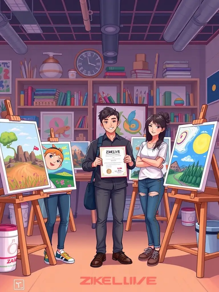 A photo of artists receiving support from ZIKENLIVE OU ZIK EN LIVE, showcasing their artwork and the organization's commitment to nurturing local talent.