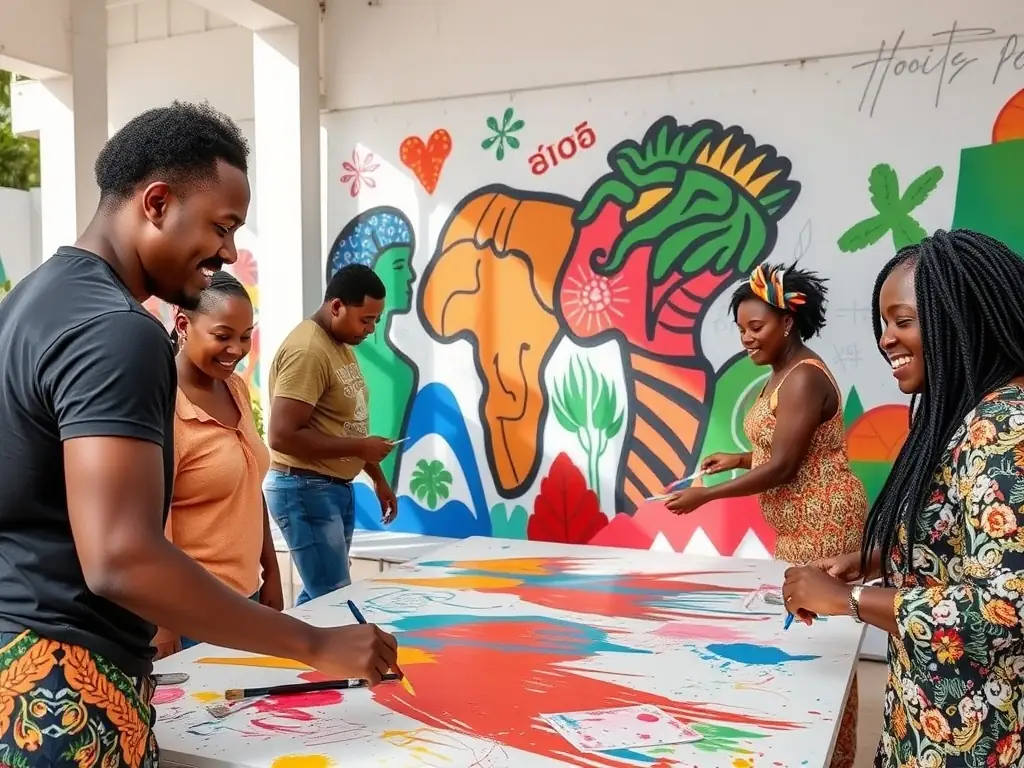 A photograph showcasing a collaborative art project facilitated by ZIKENLIVE, where community members are working together to create a mural or sculpture that reflects the unique identity and spirit of the local area. The image should emphasize the power of art to unite people and transform public spaces.