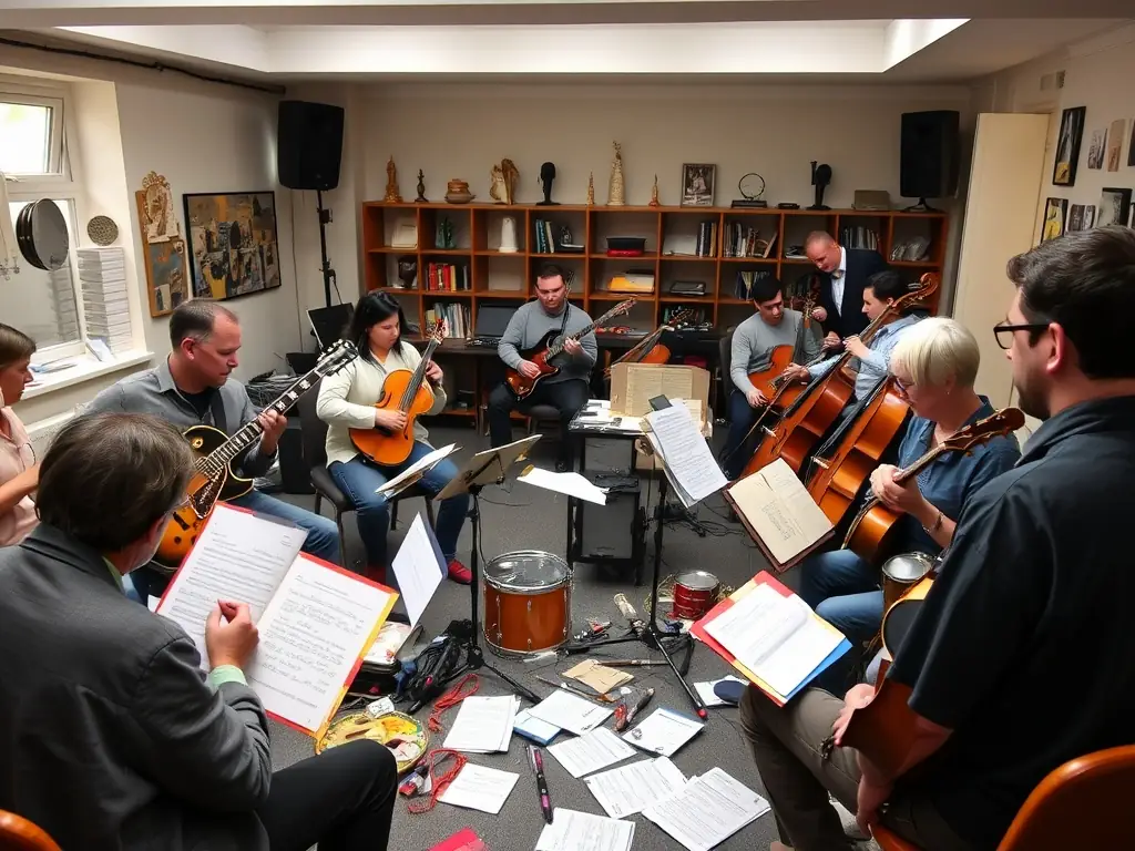 A photograph depicting an inclusive music workshop organized by ZIKENLIVE, where people of all ages and backgrounds are learning to play instruments and create music together. The image should highlight the joy of learning and the power of music to connect people.