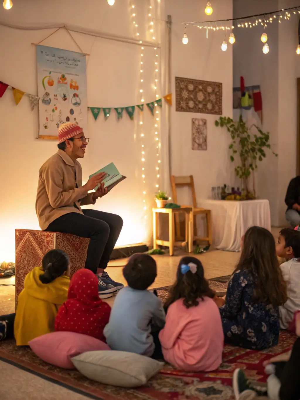 A captivating image of a storyteller engaging children with a musical tale, using instruments and props to bring the story to life.