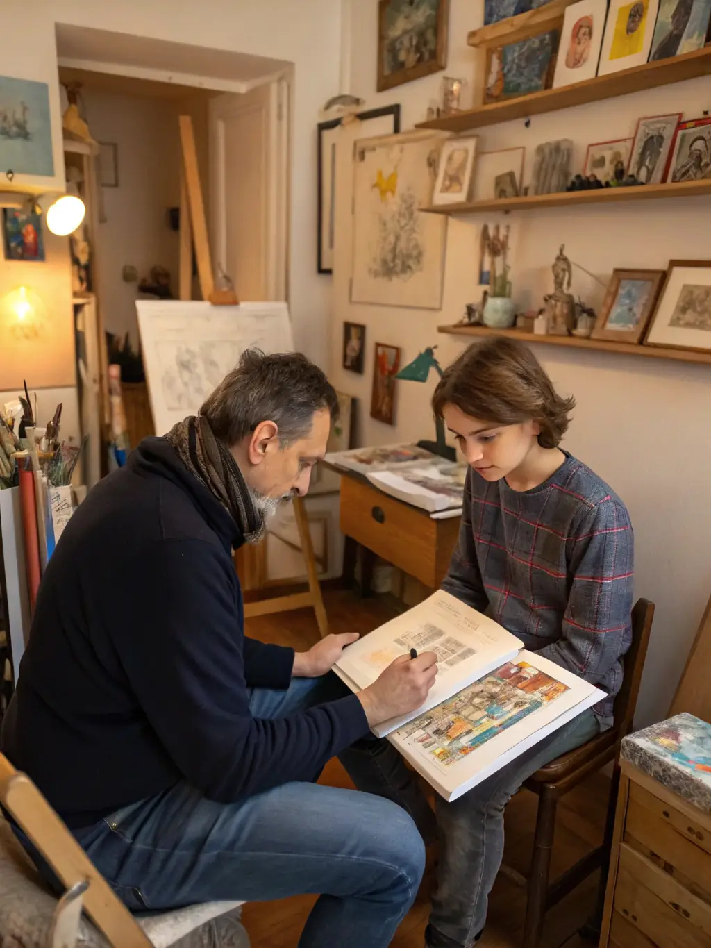 A supportive image of artists collaborating in a studio setting, receiving guidance and resources to develop their projects, emphasizing the organization's commitment to artist support.