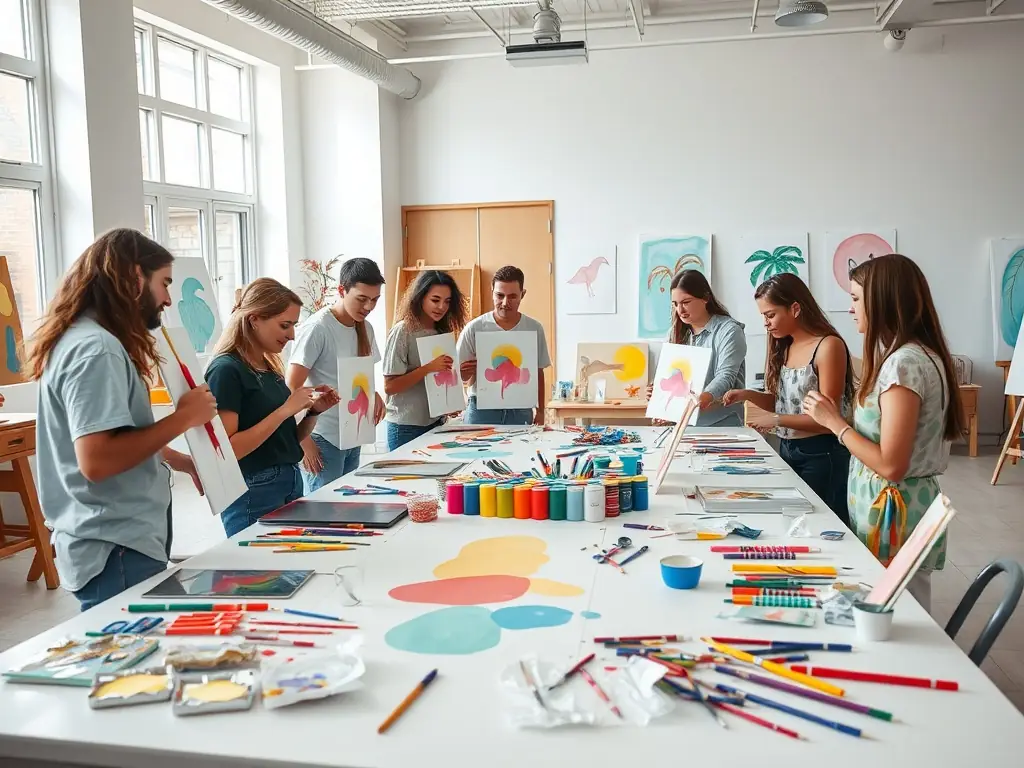 An image showing participants of all ages engaged in an artistic workshop, creating artwork under the guidance of an instructor. The scene should be colorful and inspiring, highlighting the creative process.