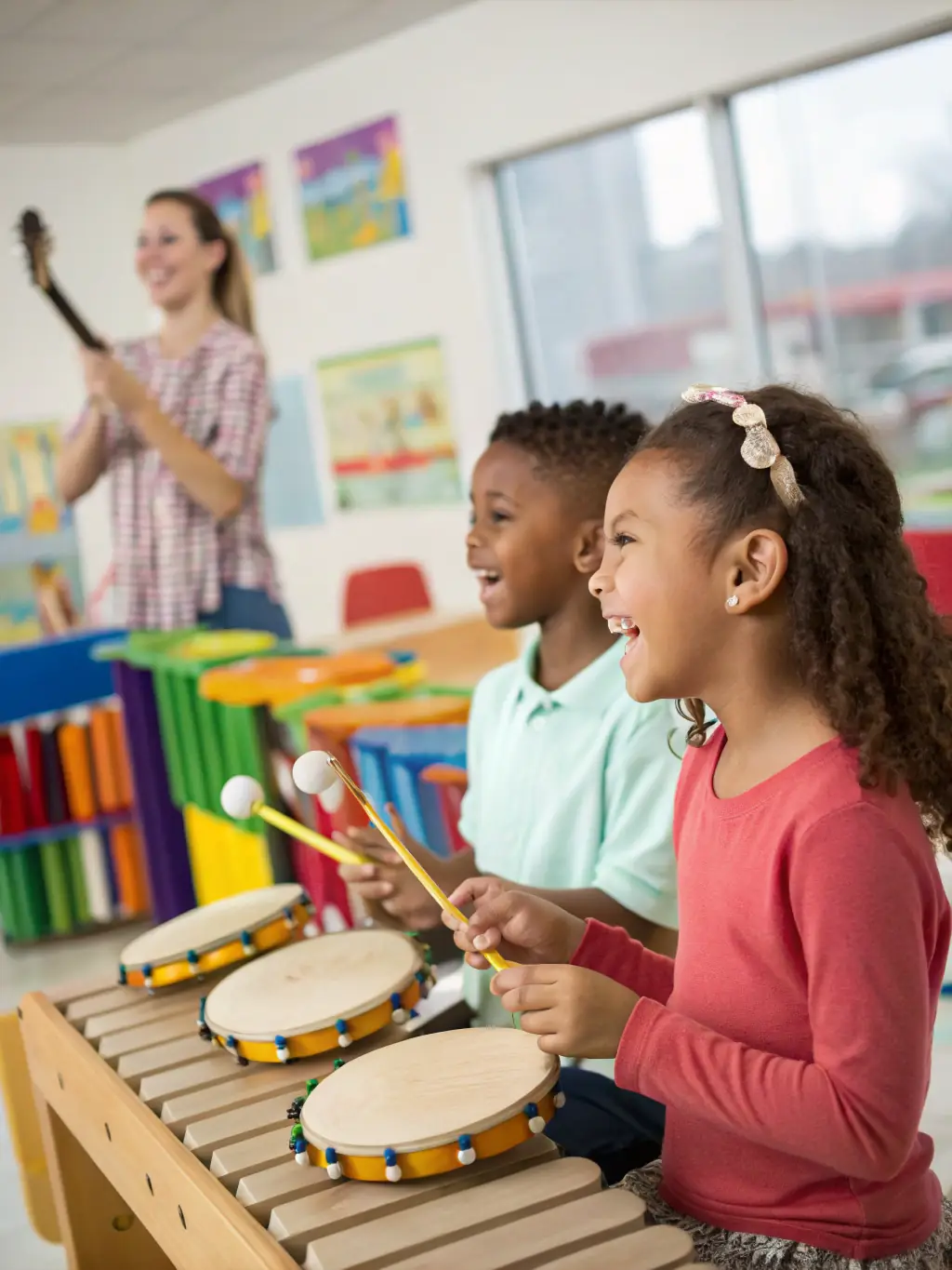 A vibrant photo capturing children participating in a ZIKENLIVE OU ZIK EN LIVE music workshop, showcasing their engagement and joy in learning musical instruments.