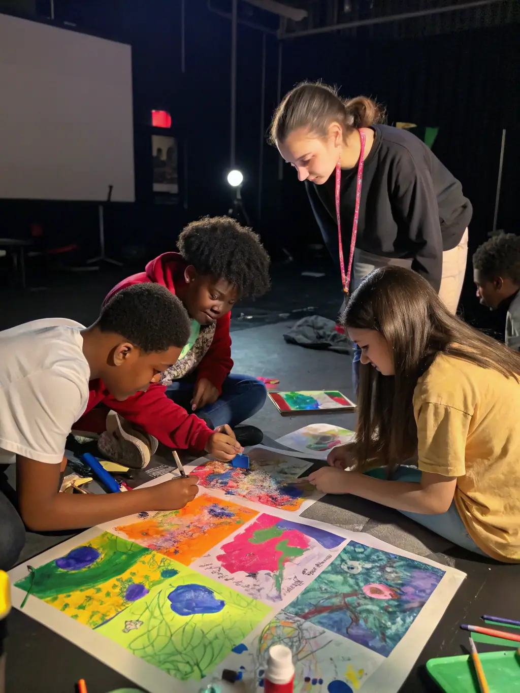 A dynamic image of participants engaged in an artistic workshop, creating artwork under the guidance of an instructor, highlighting the hands-on and creative nature of the program.
