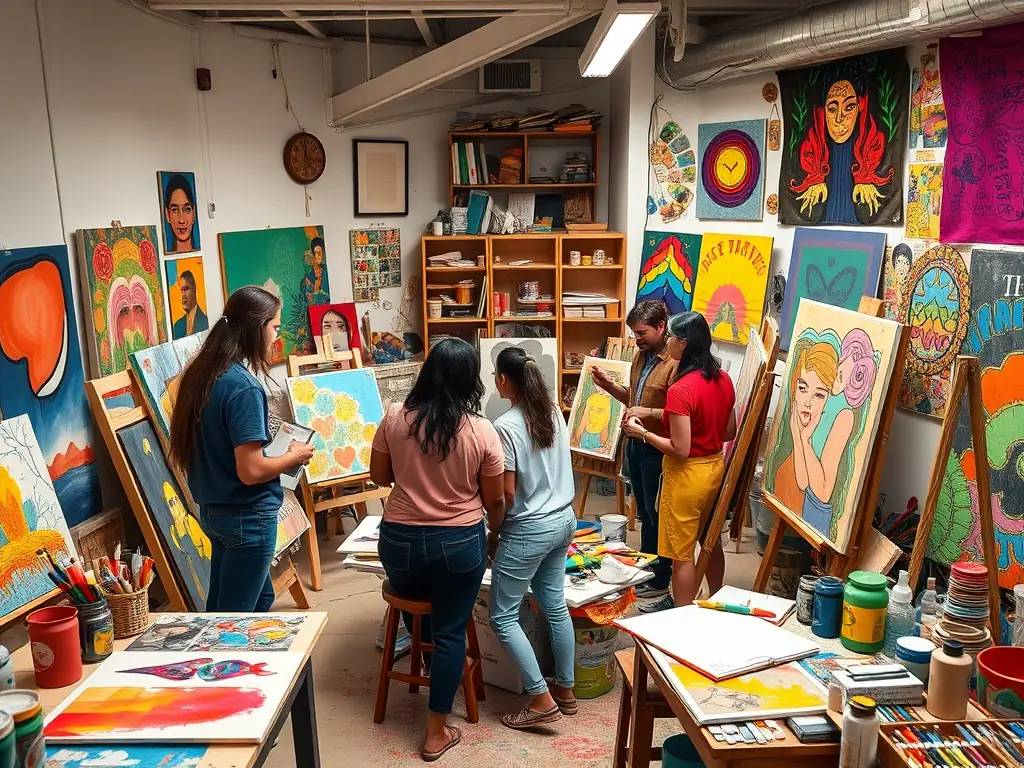 A photograph of artists working in a studio setting, with ZIKENLIVE providing support and resources. The image should reflect collaboration, innovation, and the empowerment of artists.