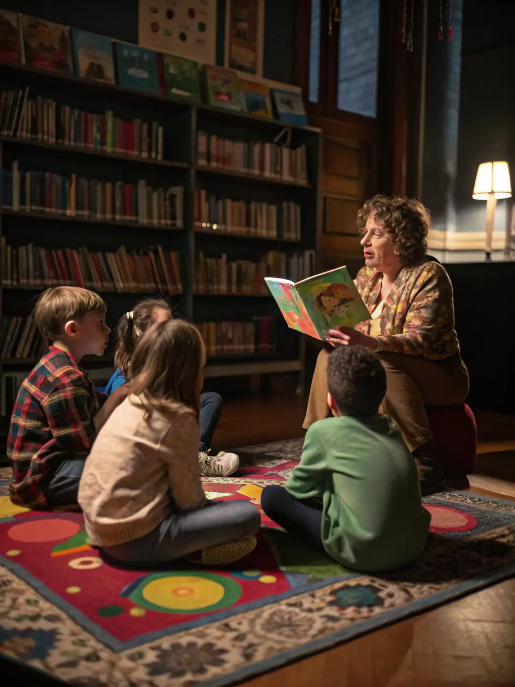A captivating image of a musical storytelling session in a cozy, intimate setting, with children and adults listening attentively to a storyteller accompanied by musicians.