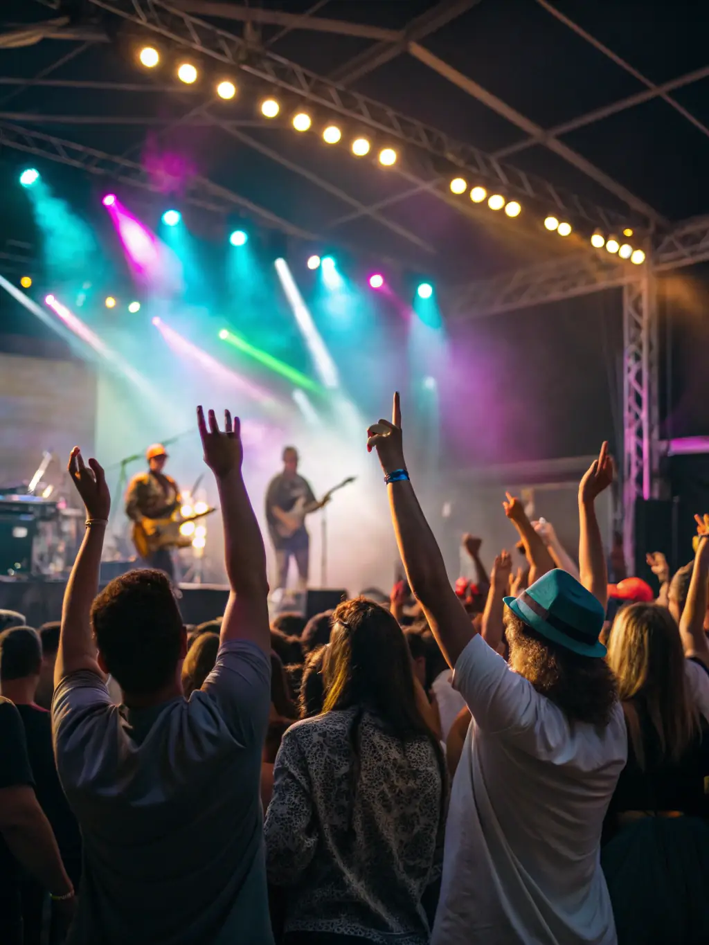 An inspiring image of a lively concert with a diverse audience enjoying a musical performance outdoors, showcasing ZIKENLIVE's cultural events.
