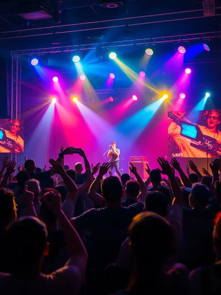 A photograph capturing the vibrant energy of a live concert featuring a local band performing on an outdoor stage, with a diverse crowd enjoying the music under festive lighting.